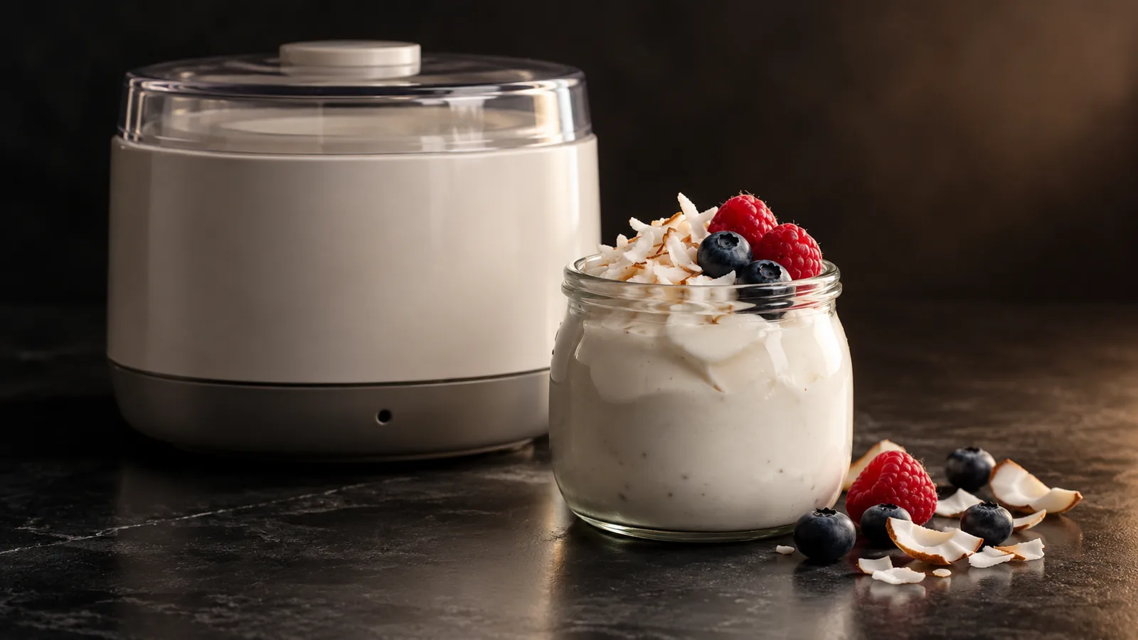 A yogurt maker beside a glass jar of creamy plant-based yogurt topped with coconut and fresh berries, on a dark surface.