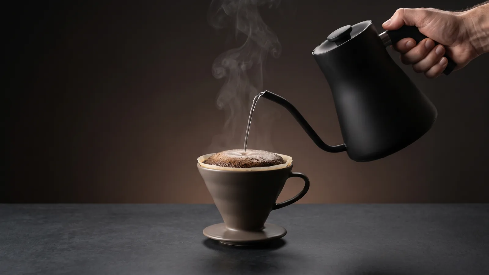 A gooseneck kettle pouring a fine stream of hot water over a pour-over dripper into a cup, coffee blooming with steam, on a dark surface.