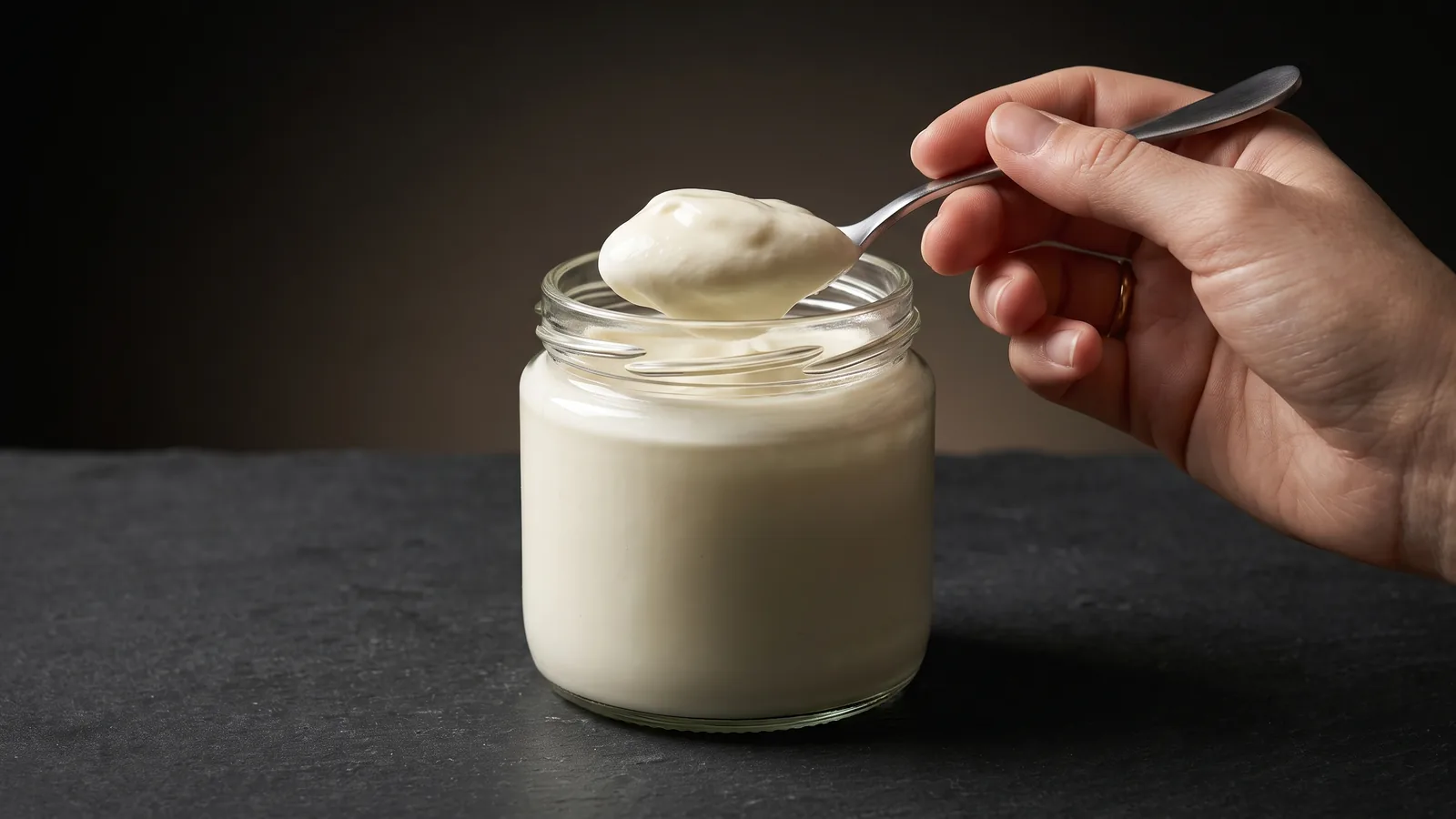 A spoon lifting a dollop of thick creamy homemade yogurt from a glass jar on a dark surface.