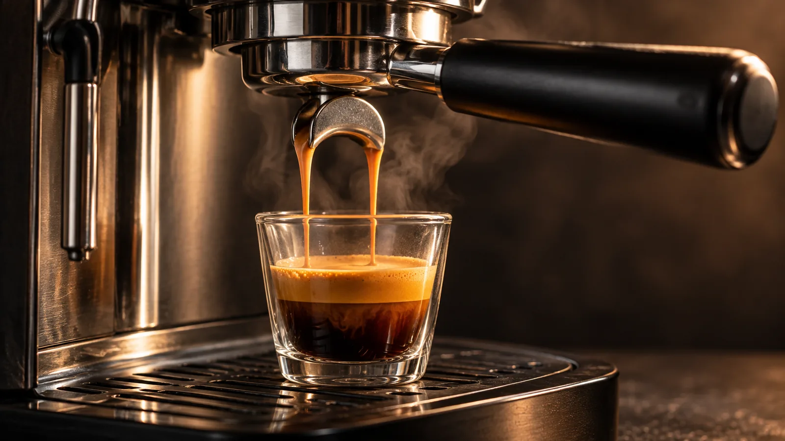 A portafilter pulling a flawless espresso stream with thick golden crema into a glass, the group head above.
