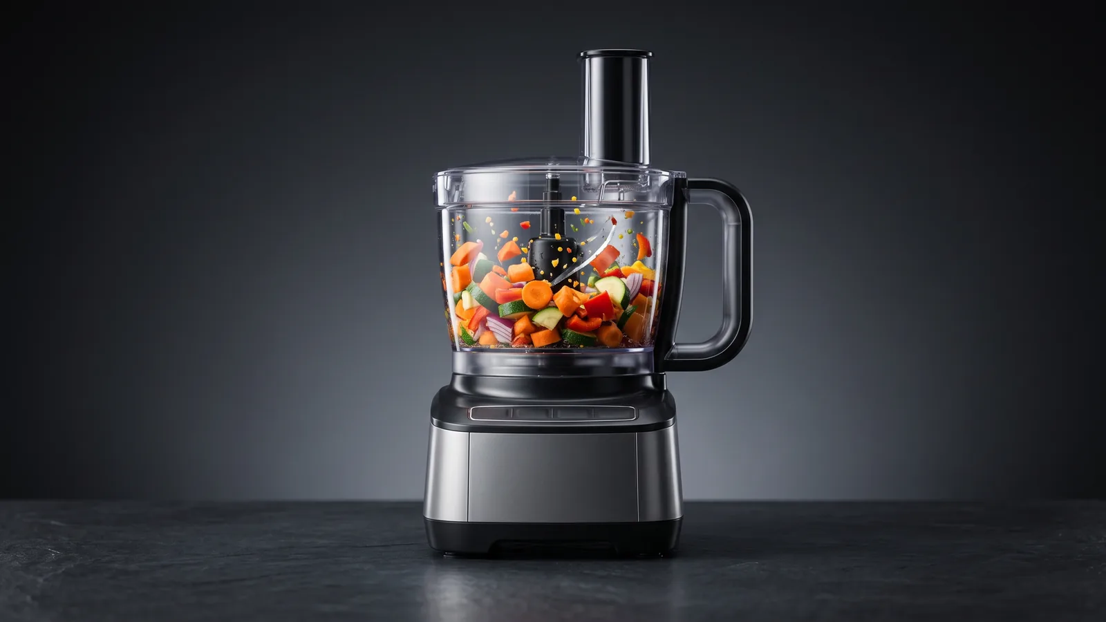 A food processor mid-task, vegetables tumbling and chopping against the S-blade inside the clear bowl.