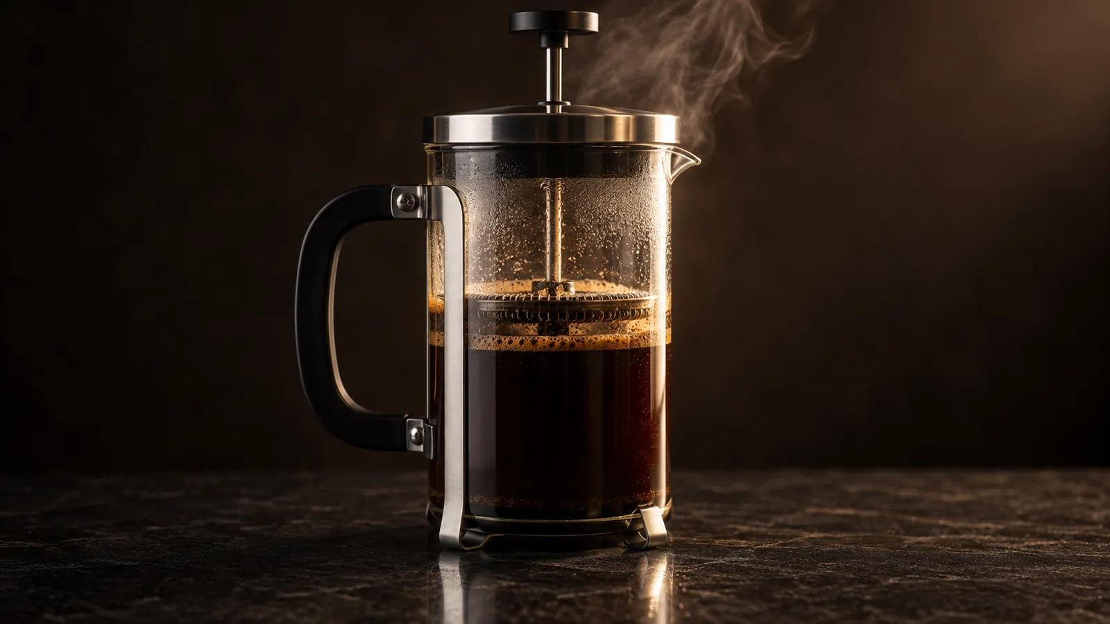 A glass French press caught mid-plunge, the metal plunger pressing down through rich dark coffee, warm steam curling off the top.