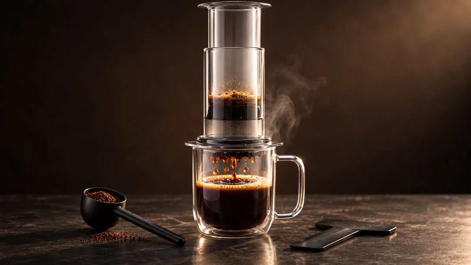 A cylindrical plunger-style coffee brewer (generic, no branding) pressing espresso-strength coffee into a waiting cup, fine steam.