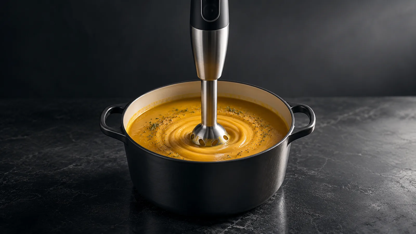 An immersion stick blender standing in a pot of creamy soup mid-blend, a smooth vortex and no splatter.