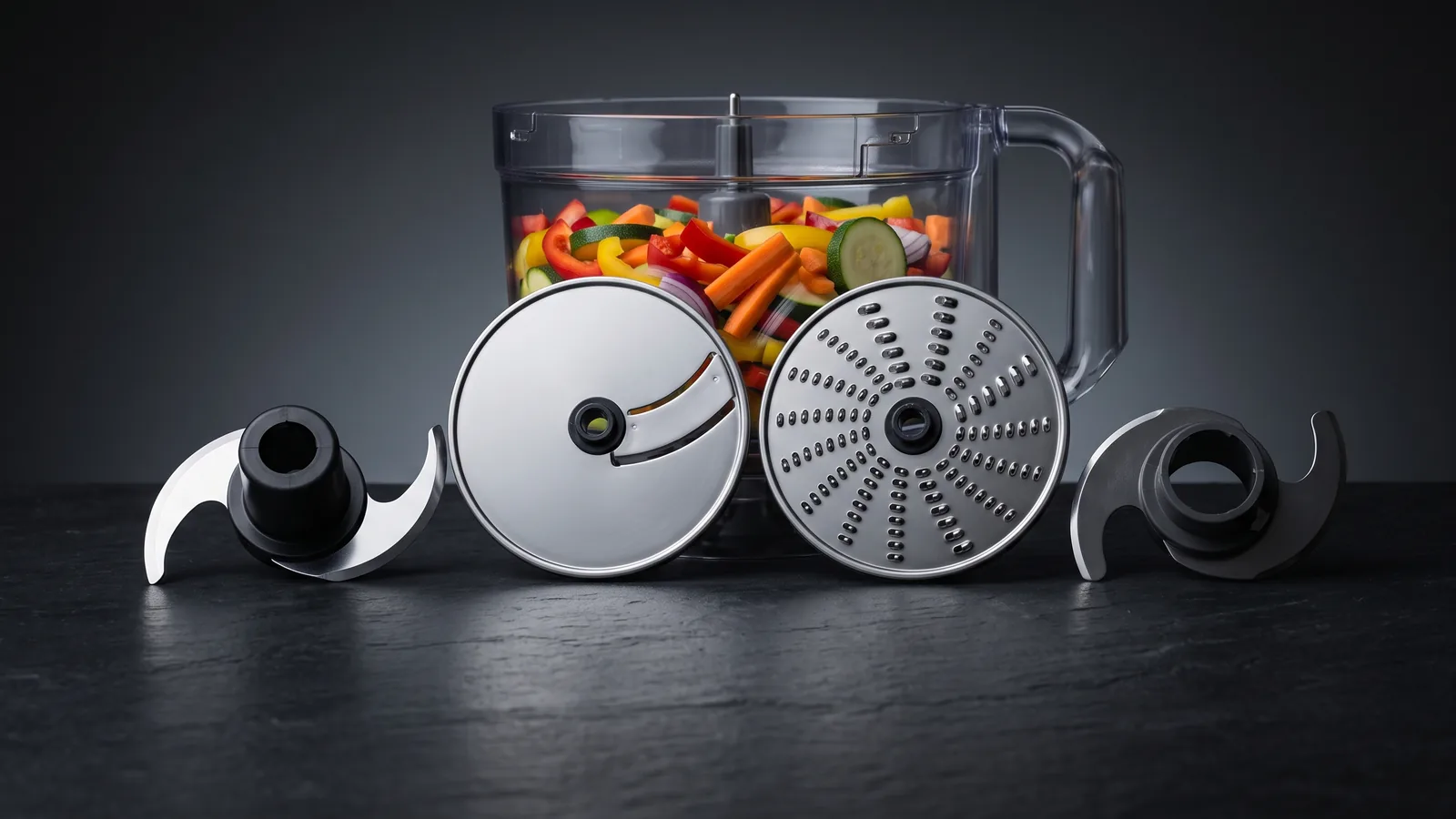 An organized arrangement of food processor attachments in detail.