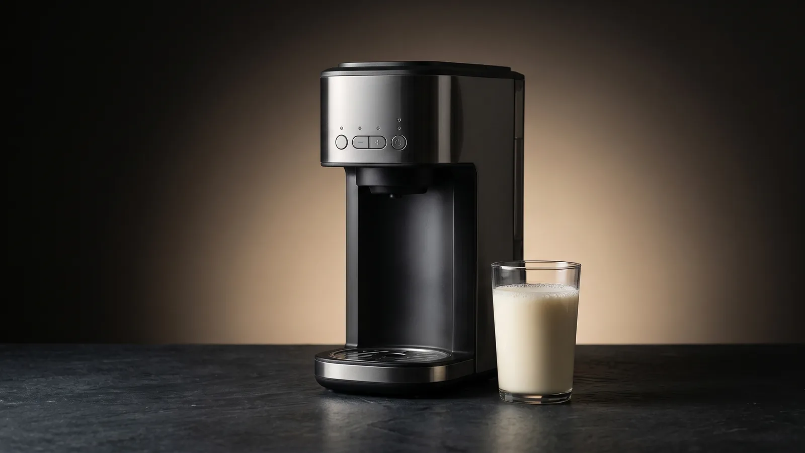A nut milk maker with a glass of plant milk (generic).