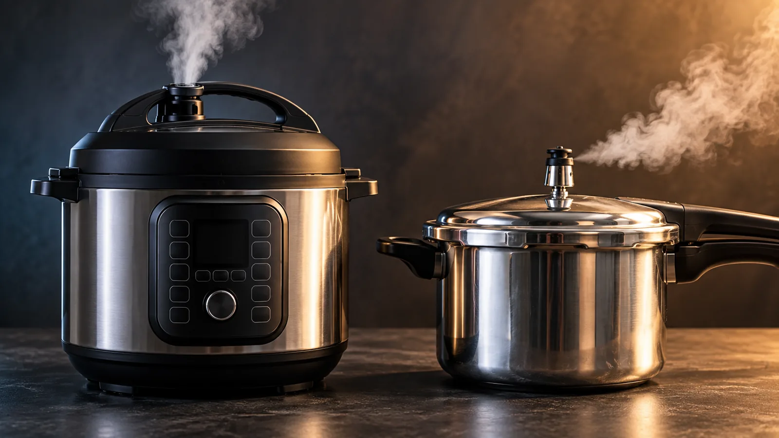 A contrast: on the left a modern electric multi-cooker with a digital panel and steam; on the right a classic stovetop pressure cooker with its weighted valve.