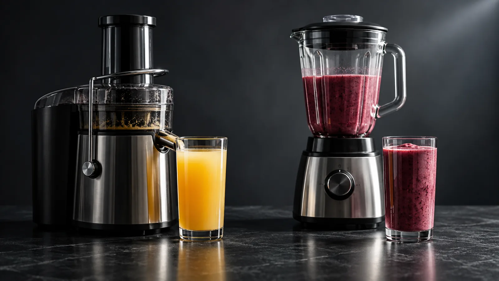 A contrast: on the left a tall glass of clear pressed juice beside a juicer; on the right a thick opaque smoothie beside a blender.