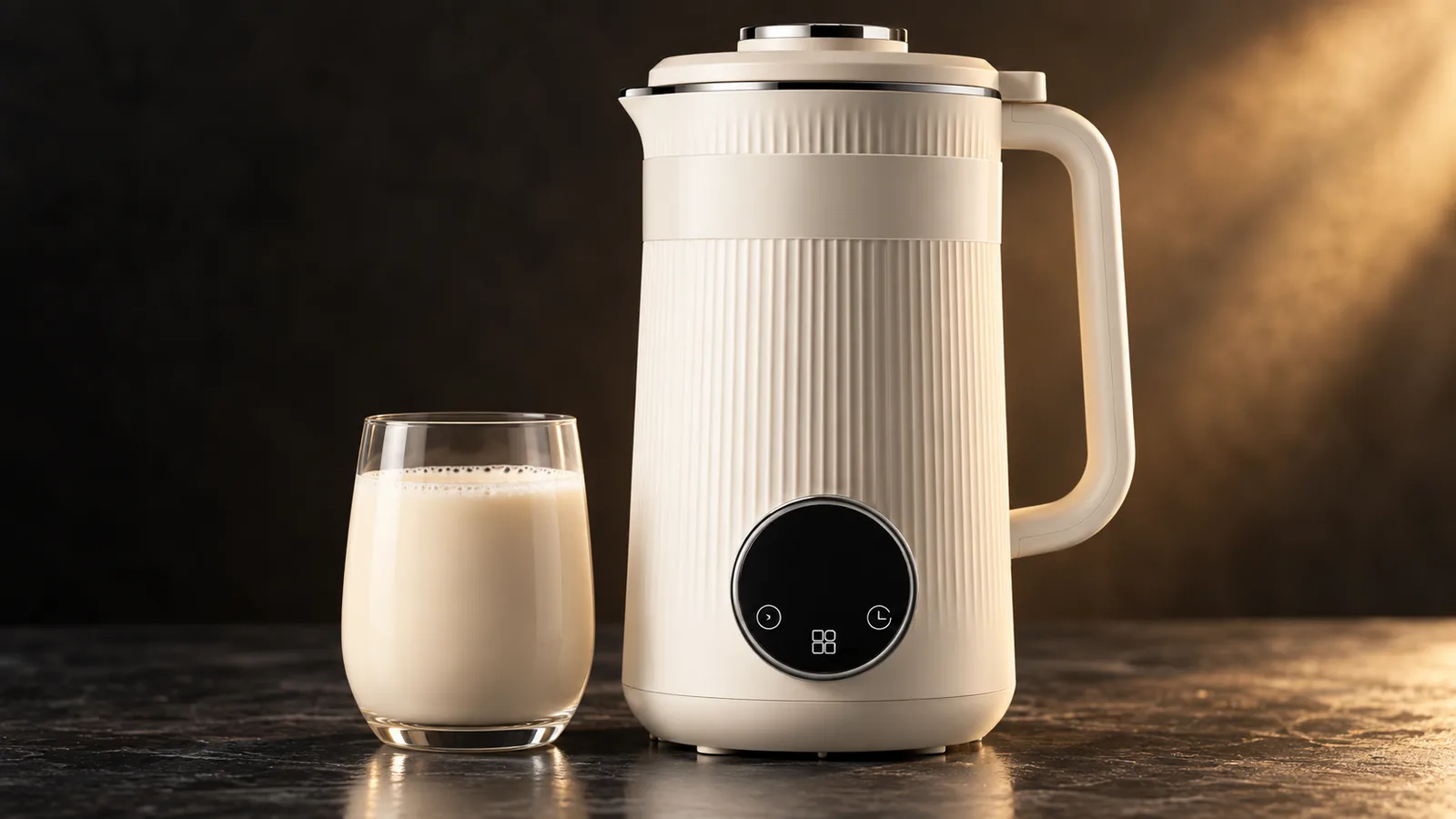 A budget nut milk maker with a glass of fresh plant milk (generic).