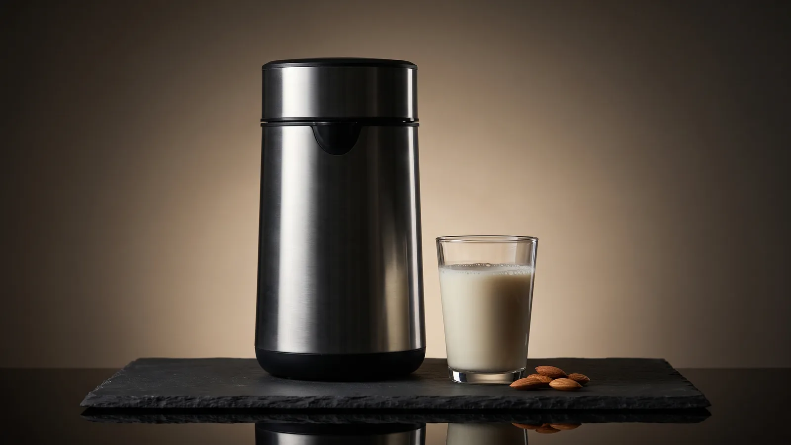 A premium tall nut milk maker with a glass of fresh plant milk, refined.
