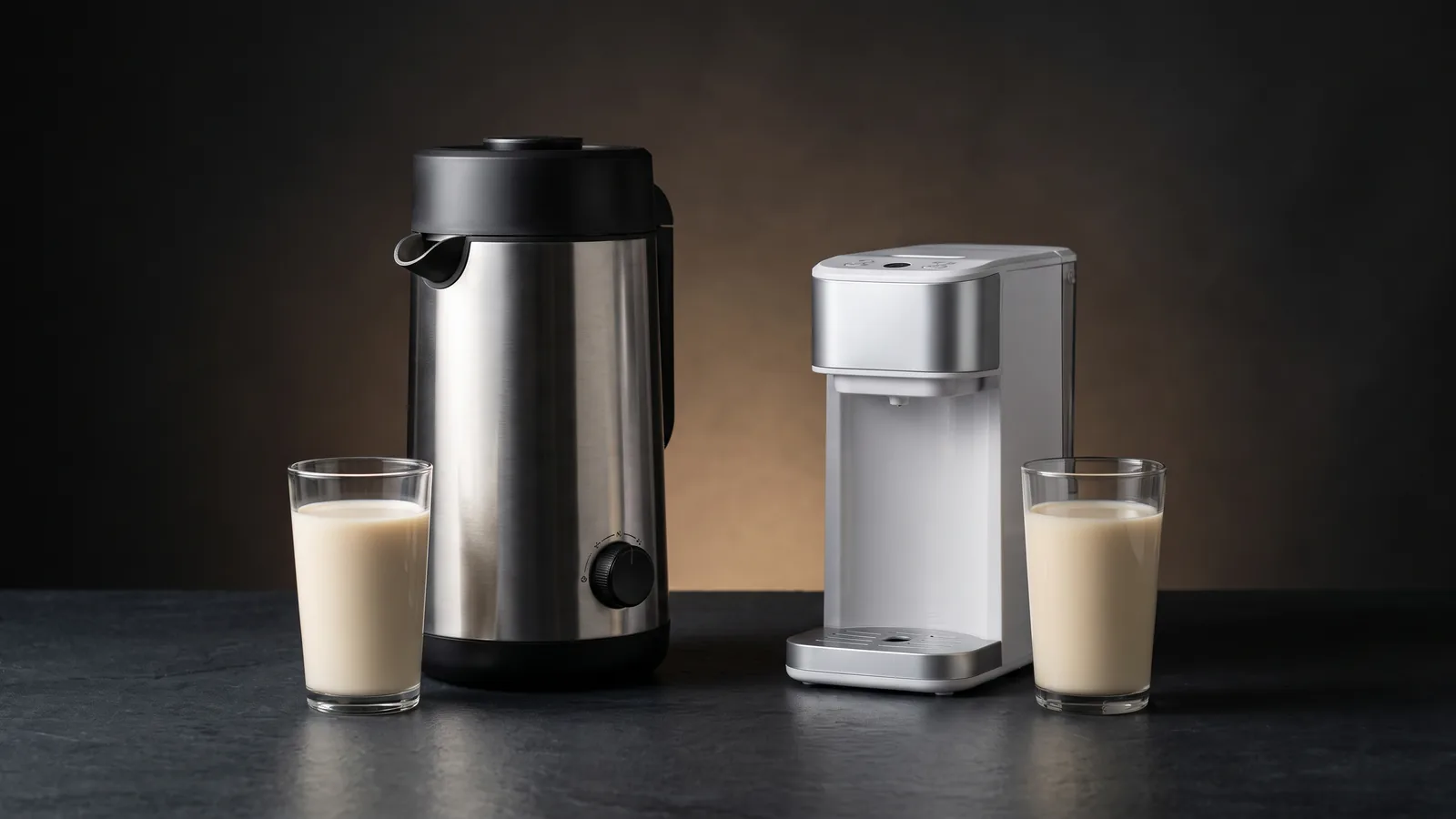 Two nut milk makers side by side, a tall premium model and a compact value model, each with a glass of plant milk.
