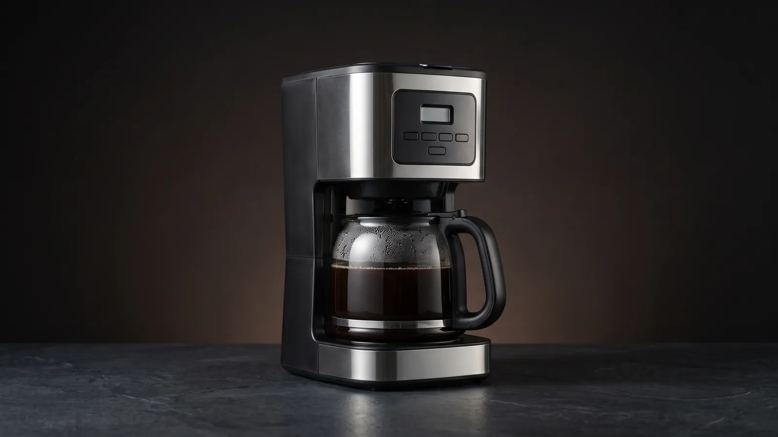 A modern twelve-cup drip coffee maker with a clean profile and a full glass carafe (generic).