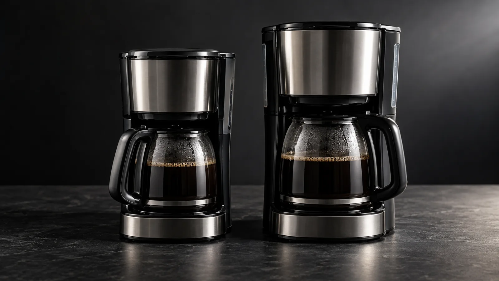 Two drip coffee makers side by side, each with a glass carafe of fresh coffee.