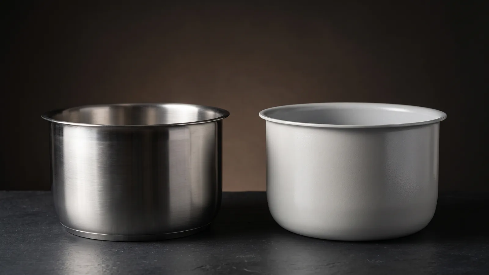A contrast: on the left a bare 18/8 stainless-steel inner pot; on the right a ceramic-coated inner pot.