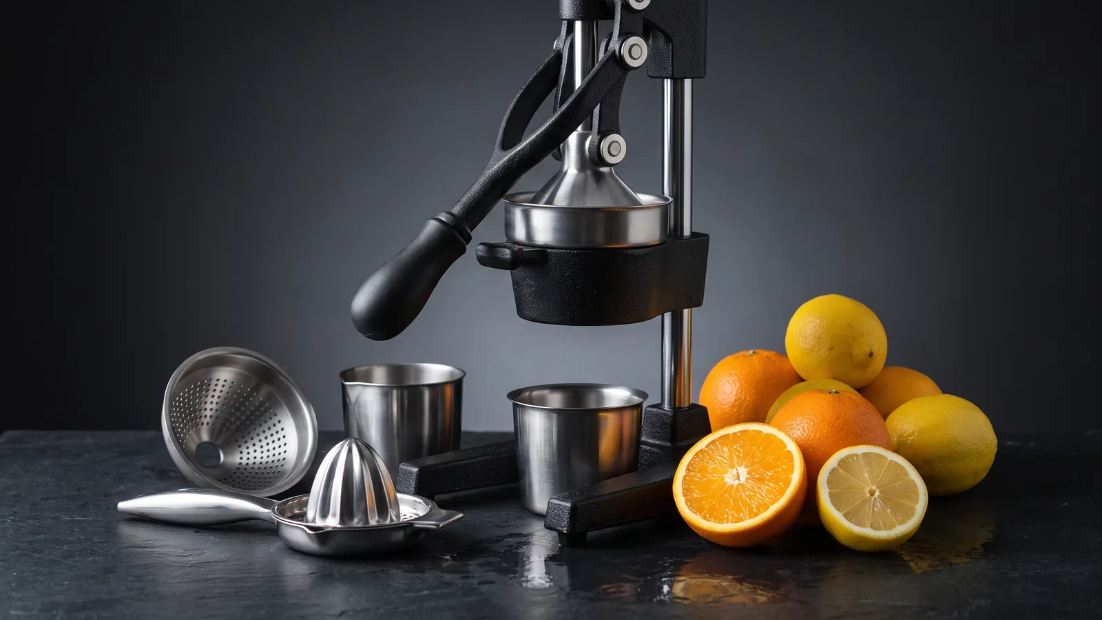 A cast-iron citrus press and stainless-steel juicer components arranged together with fresh citrus, an all-metal plastic-free feel.