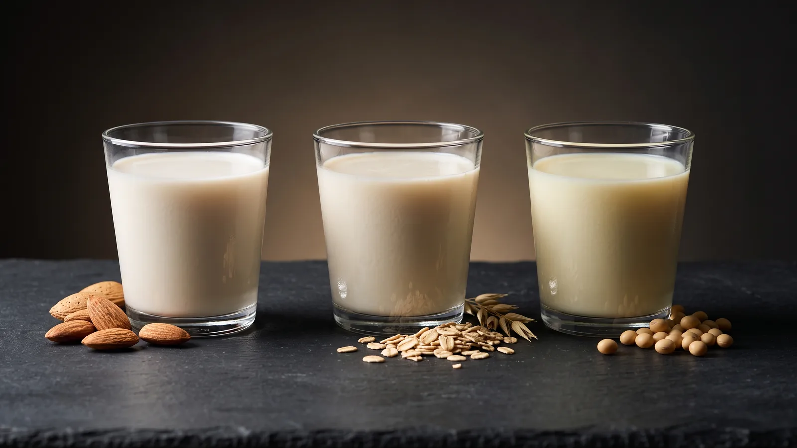 Three glasses of different plant milks.