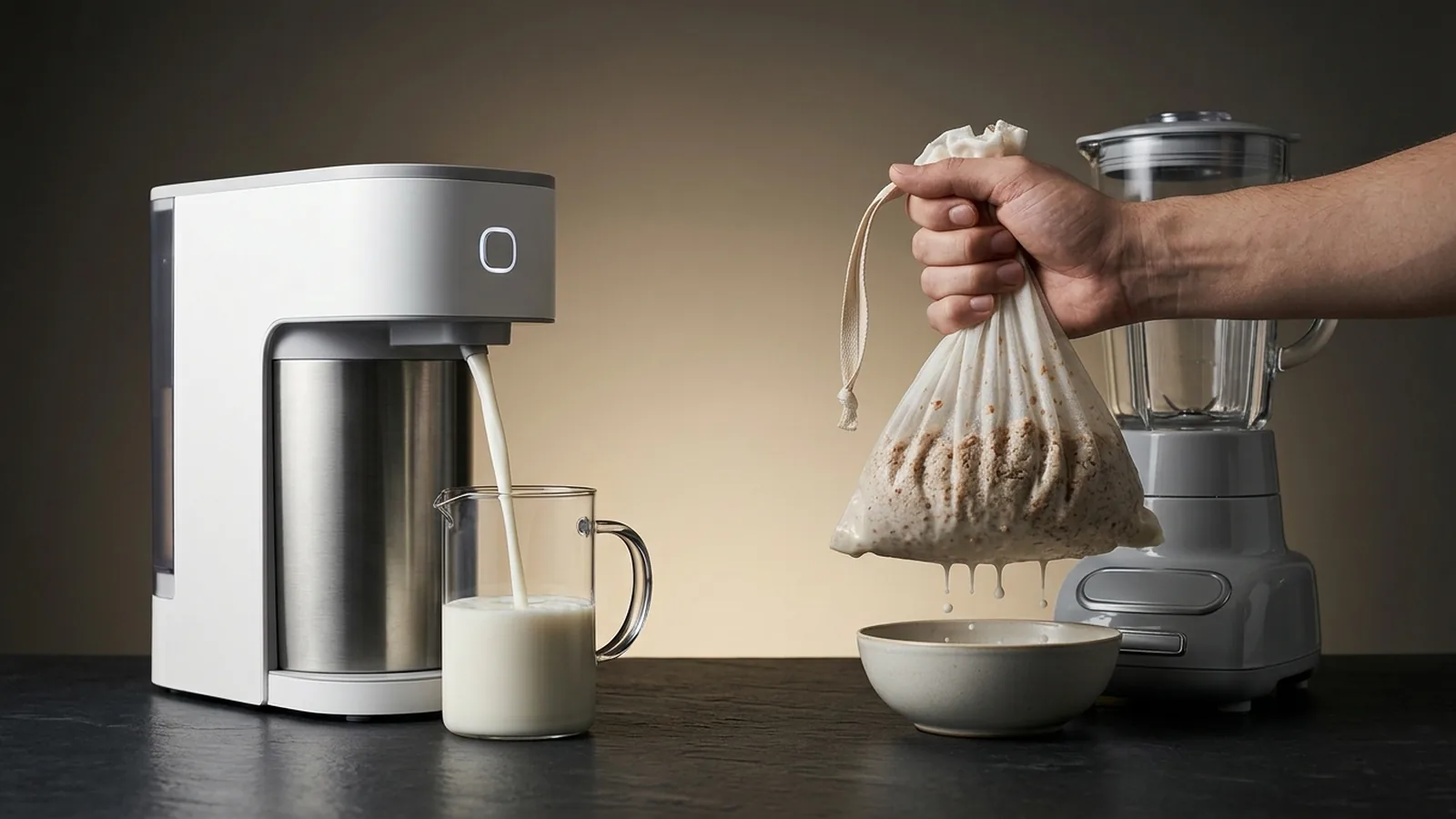 A contrast: on the left a sleek one-touch nut milk maker pouring clear milk; on the right a blender beside a nut-milk bag draped with pulp.
