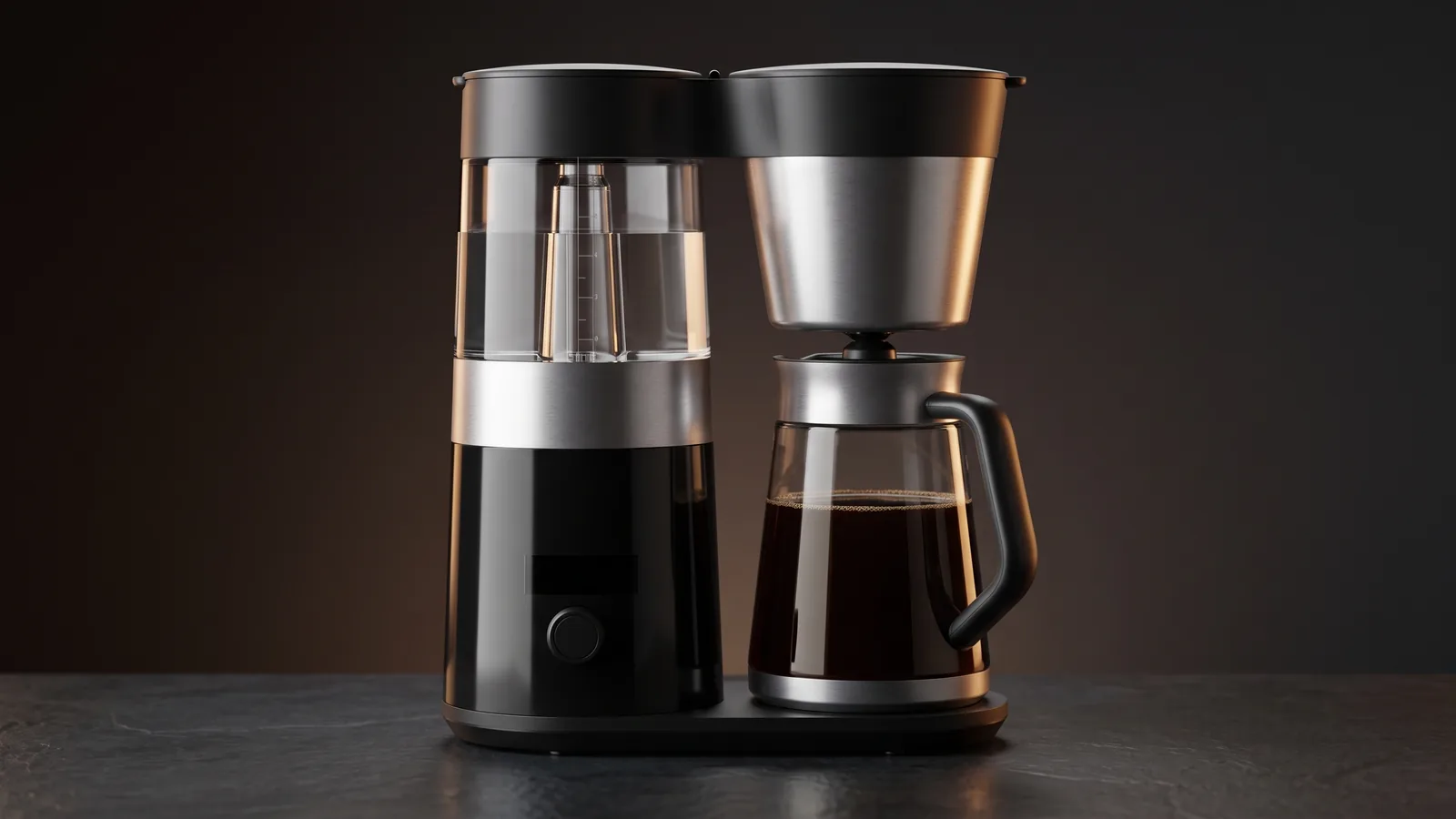 A compact premium drip brewer with a small carafe of fresh coffee (generic), understated quality.