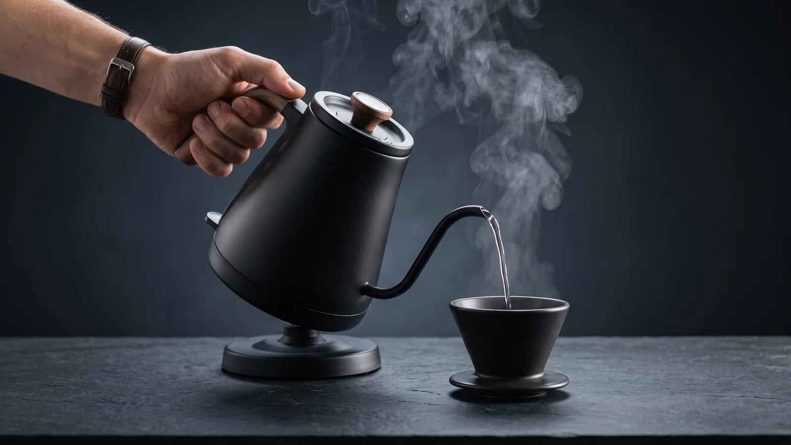 A gooseneck pour-over electric kettle pouring a precise stream of hot water into a cup, with steam rising, on a dark surface.