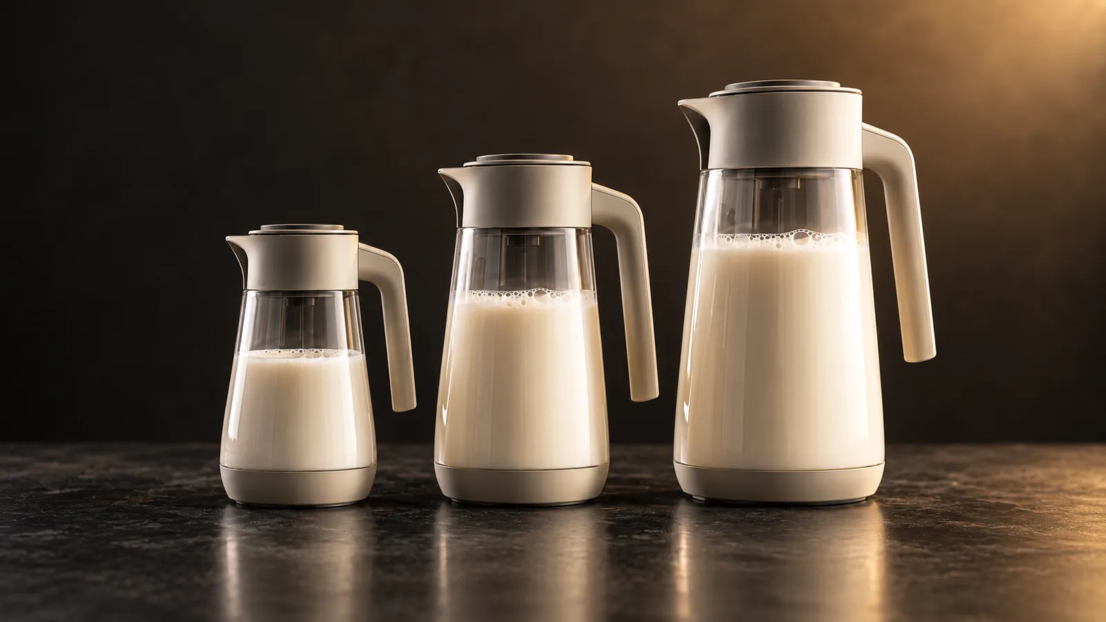Nut milk maker carafes of ascending size lined up left to right, a clear capacity comparison.