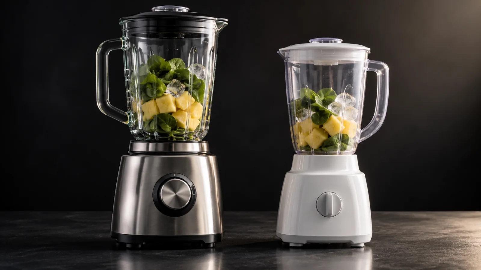 A premium glass-jar blender beside a budget plastic-jar blender, each filled with fruit and ice, on a dark surface.