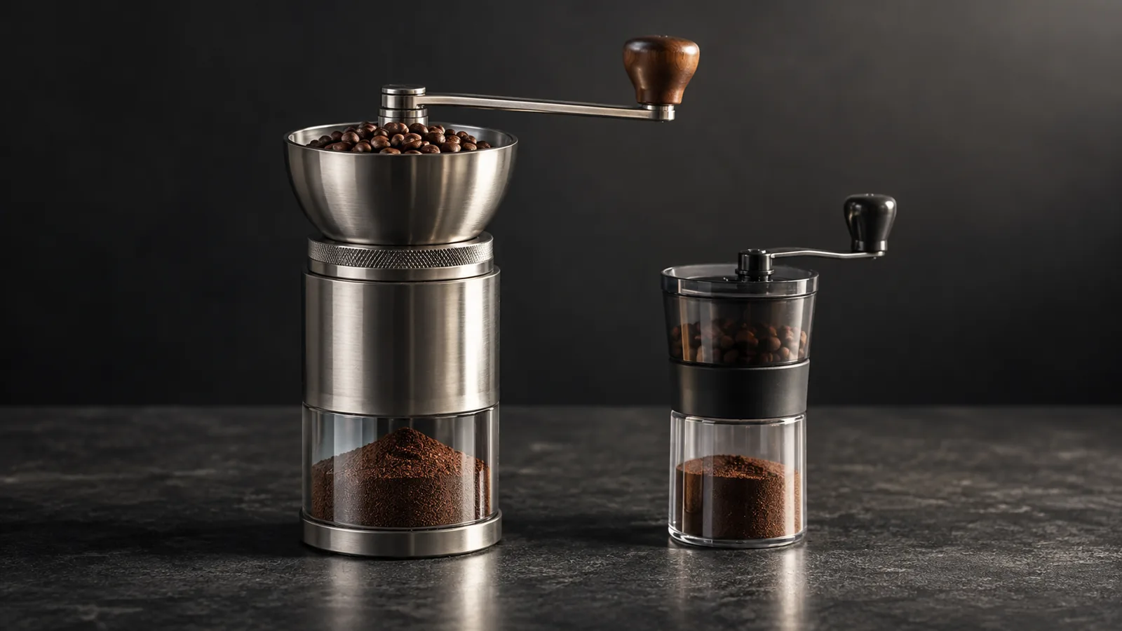 A larger premium manual burr coffee grinder beside a smaller budget hand grinder, each with fresh grounds.