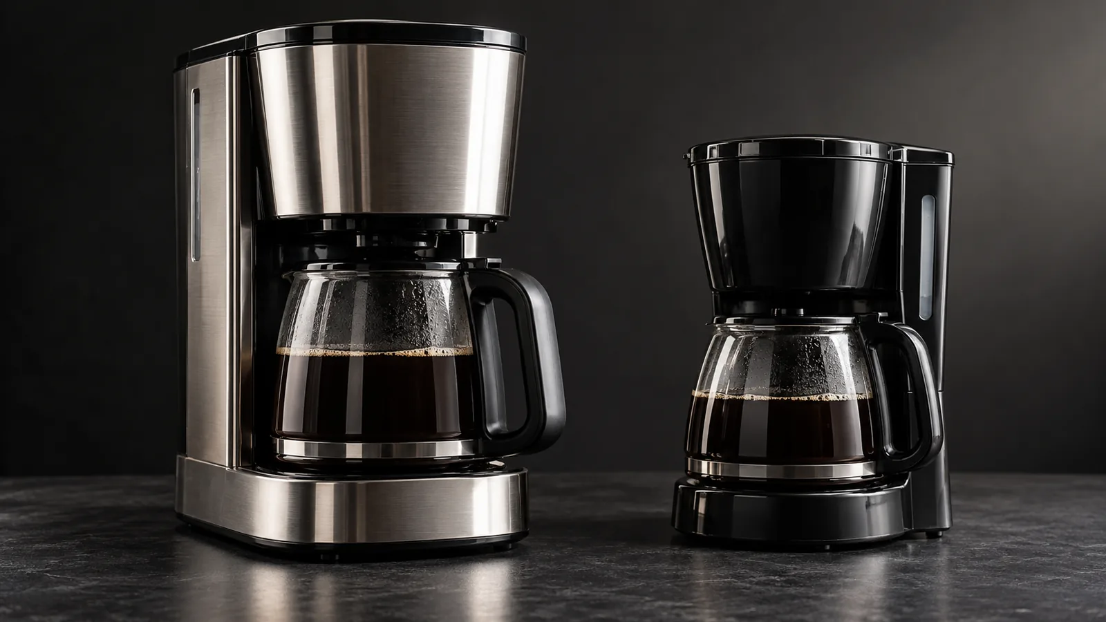 A premium stainless drip coffee maker beside a basic black budget drip maker, each with a carafe of coffee.