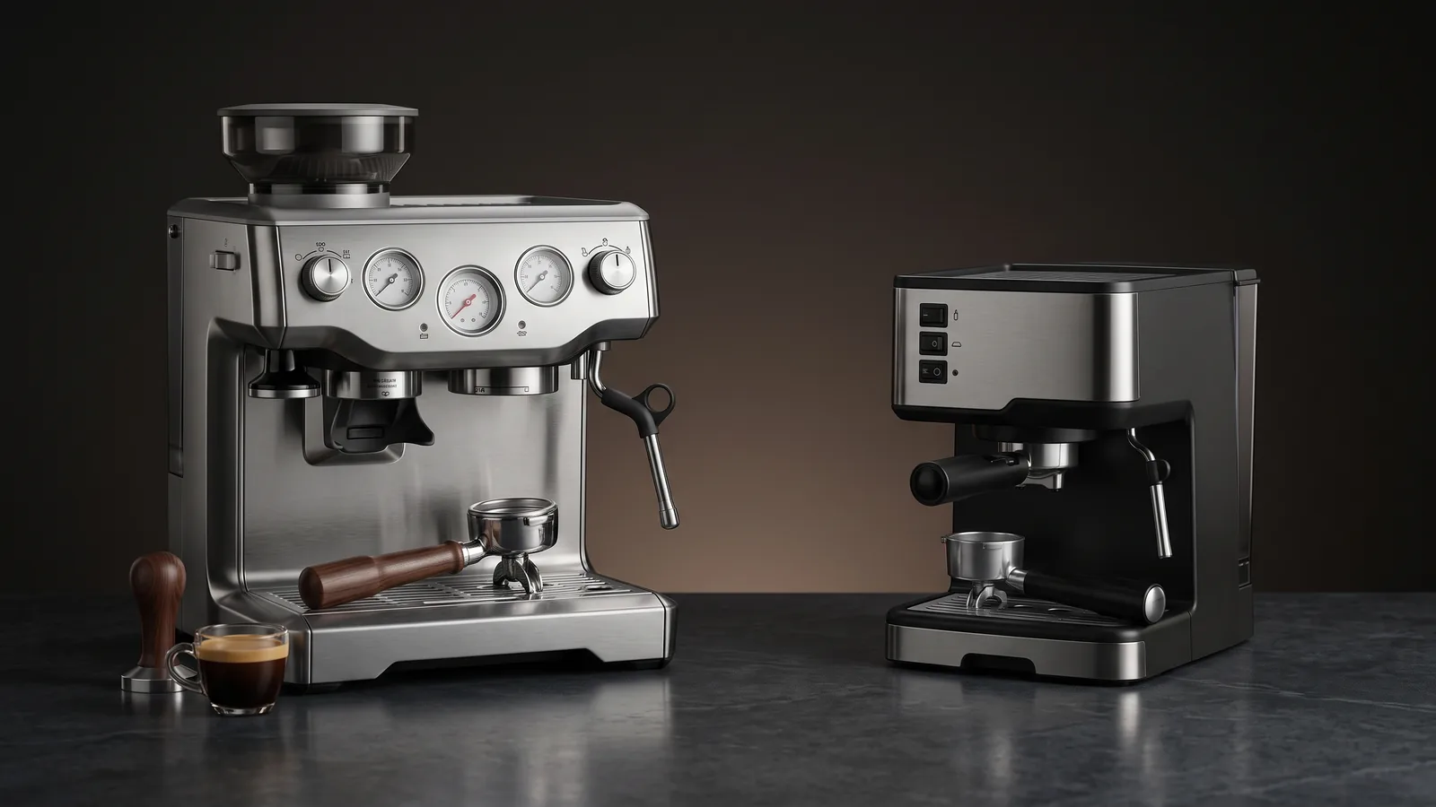 A high-end prosumer espresso machine on the left, a compact entry-level budget espresso machine on the right, clear contrast.