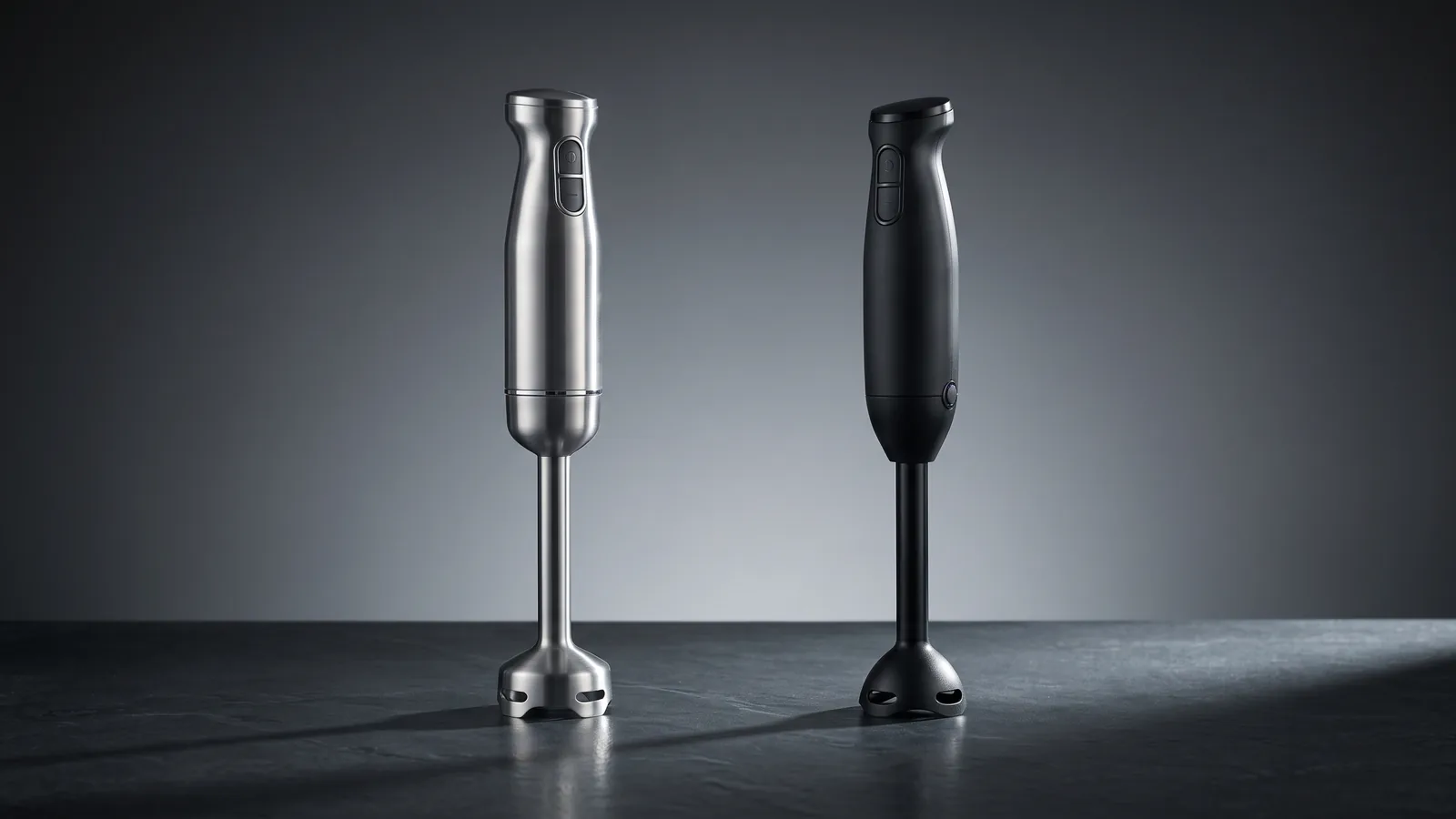 A premium stainless immersion blender on the left, a lightweight plastic budget one on the right.