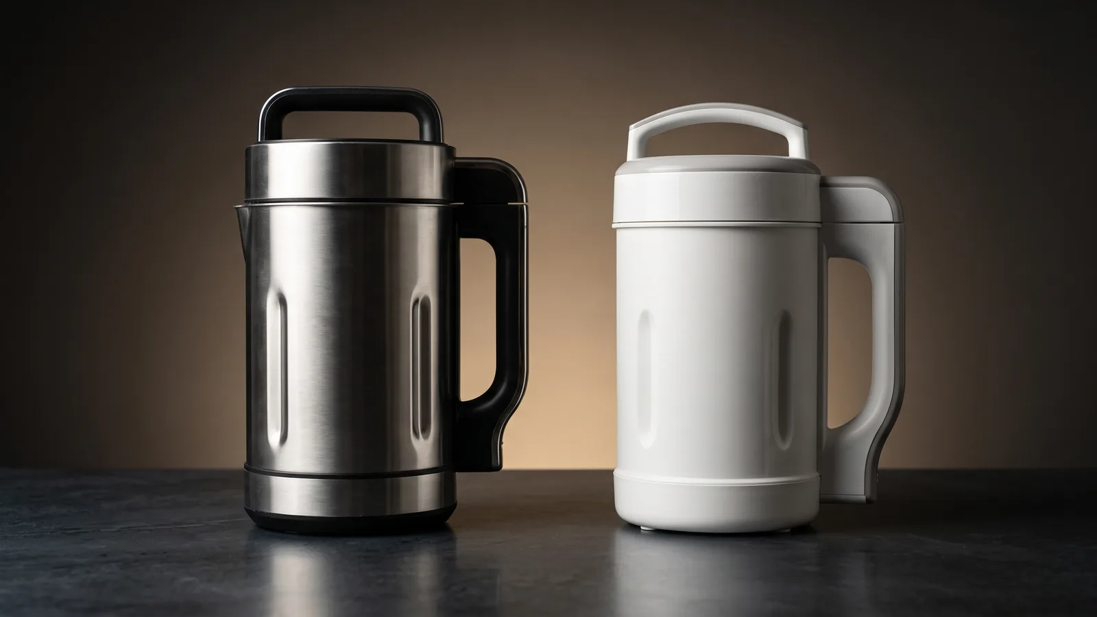A premium stainless nut milk maker on the left, a basic budget one on the right.