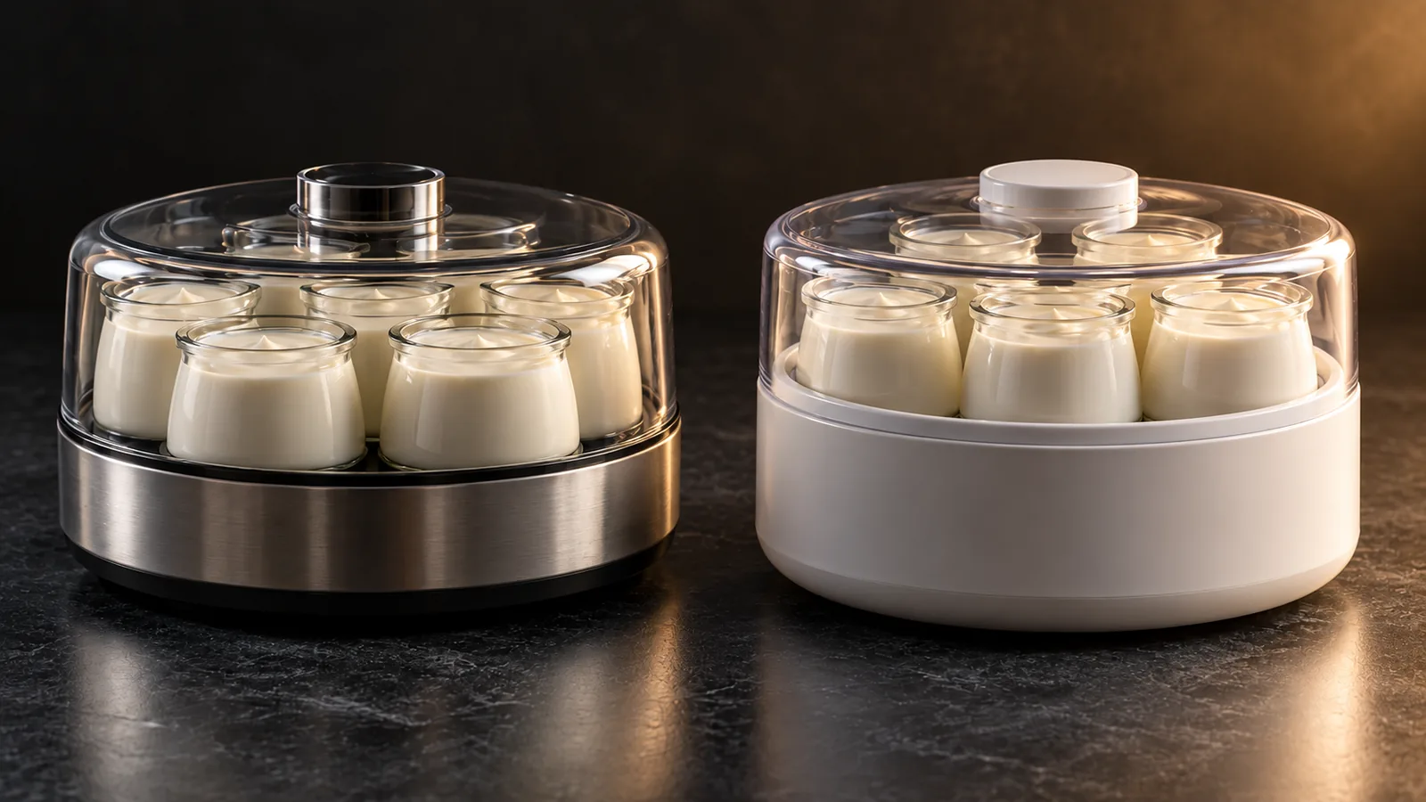 A premium glass-jar yogurt maker on the left, a basic plastic budget one on the right.