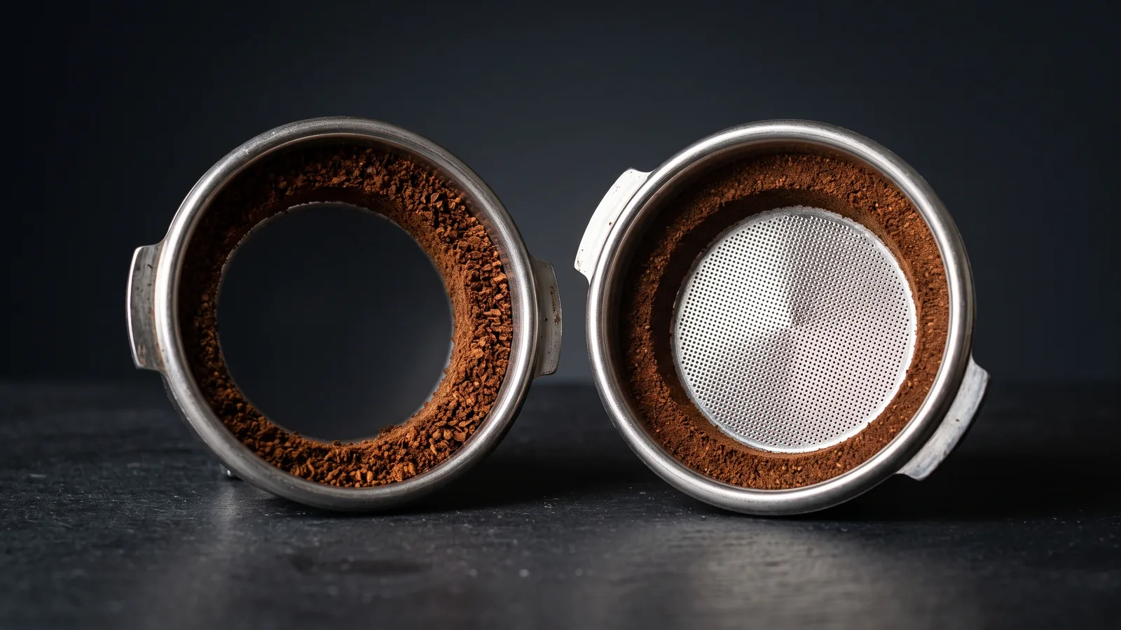 Two portafilter baskets side by side in close detail, one pressurized (single hole underneath) and one non-pressurized (fine mesh), fresh espresso on each.
