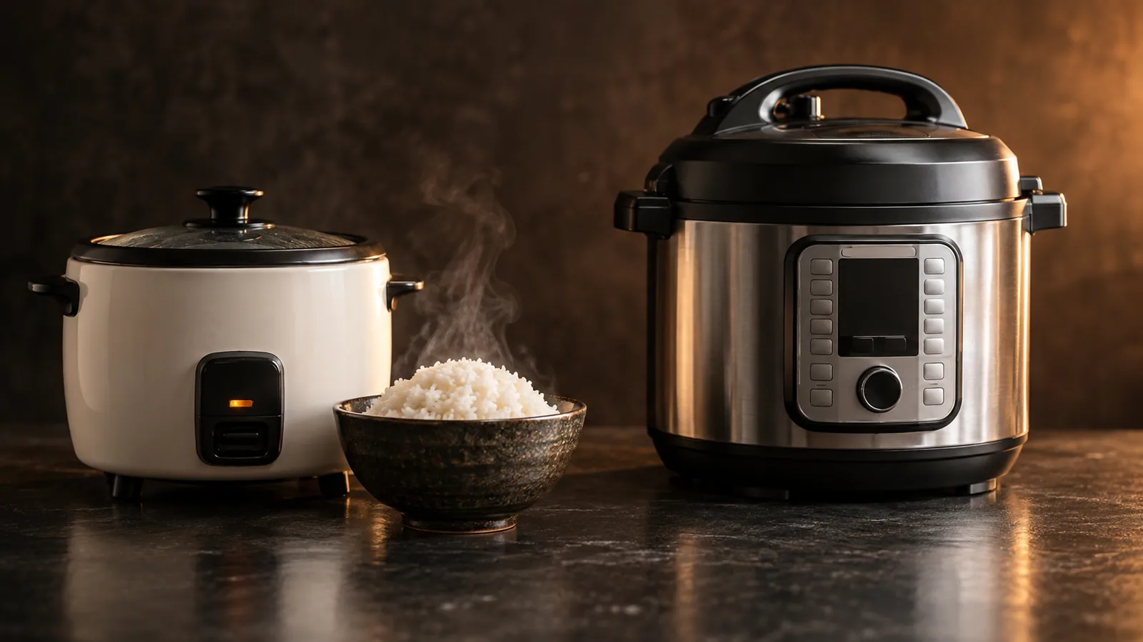 A contrast: on the left a dedicated rice cooker with fluffy rice; on the right a multi-cooker with its digital panel.