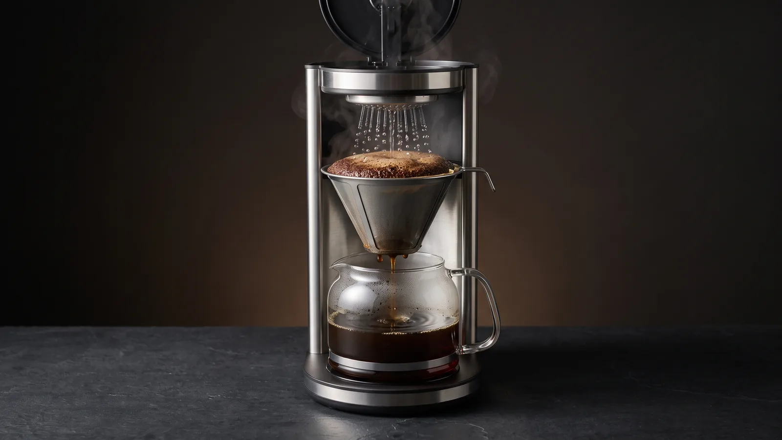 A precise drip brewer with the showerhead blooming hot water evenly over the coffee bed, a certified-quality feel.