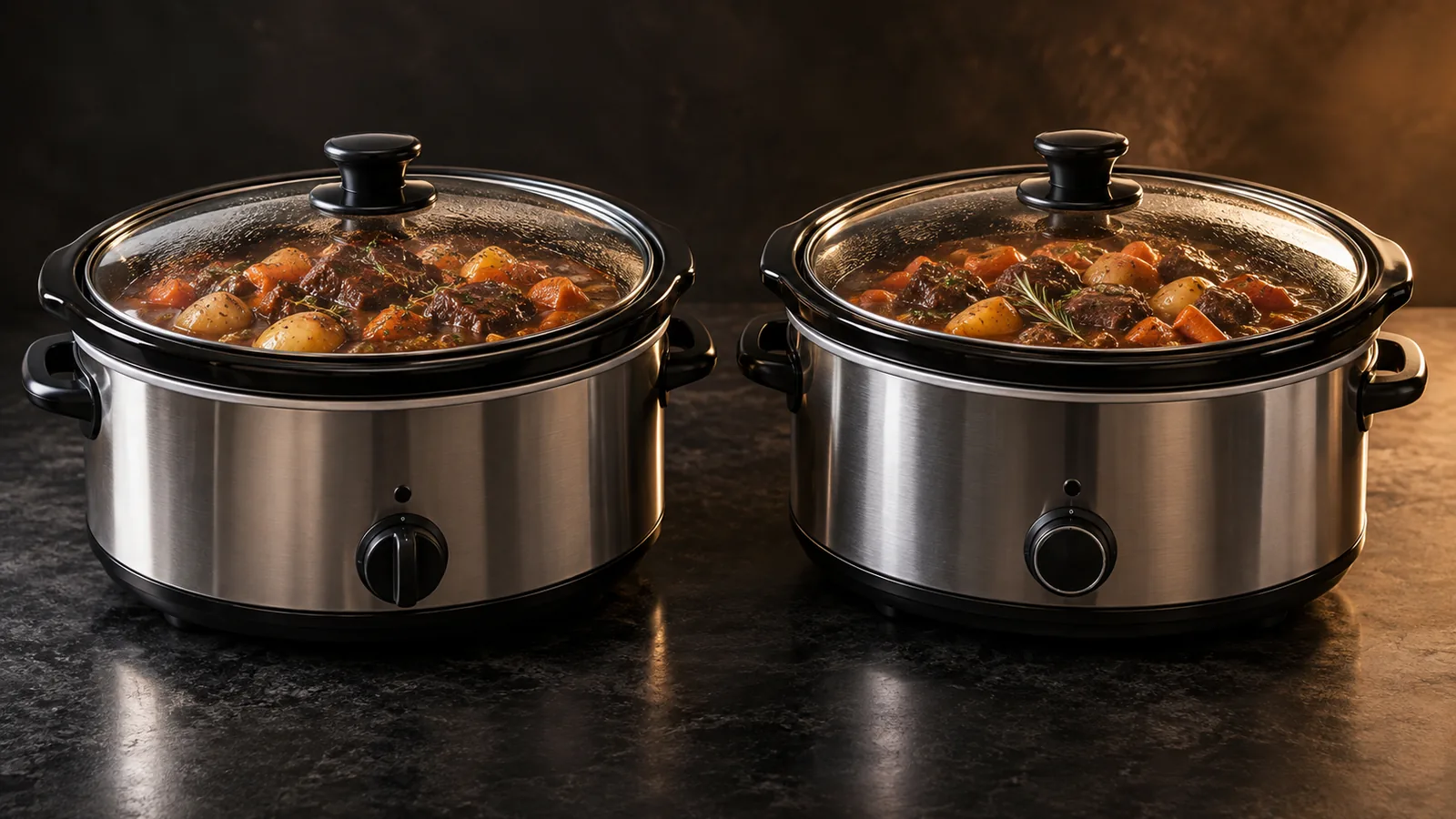 Two nearly identical oval slow cookers side by side, each with a stew.