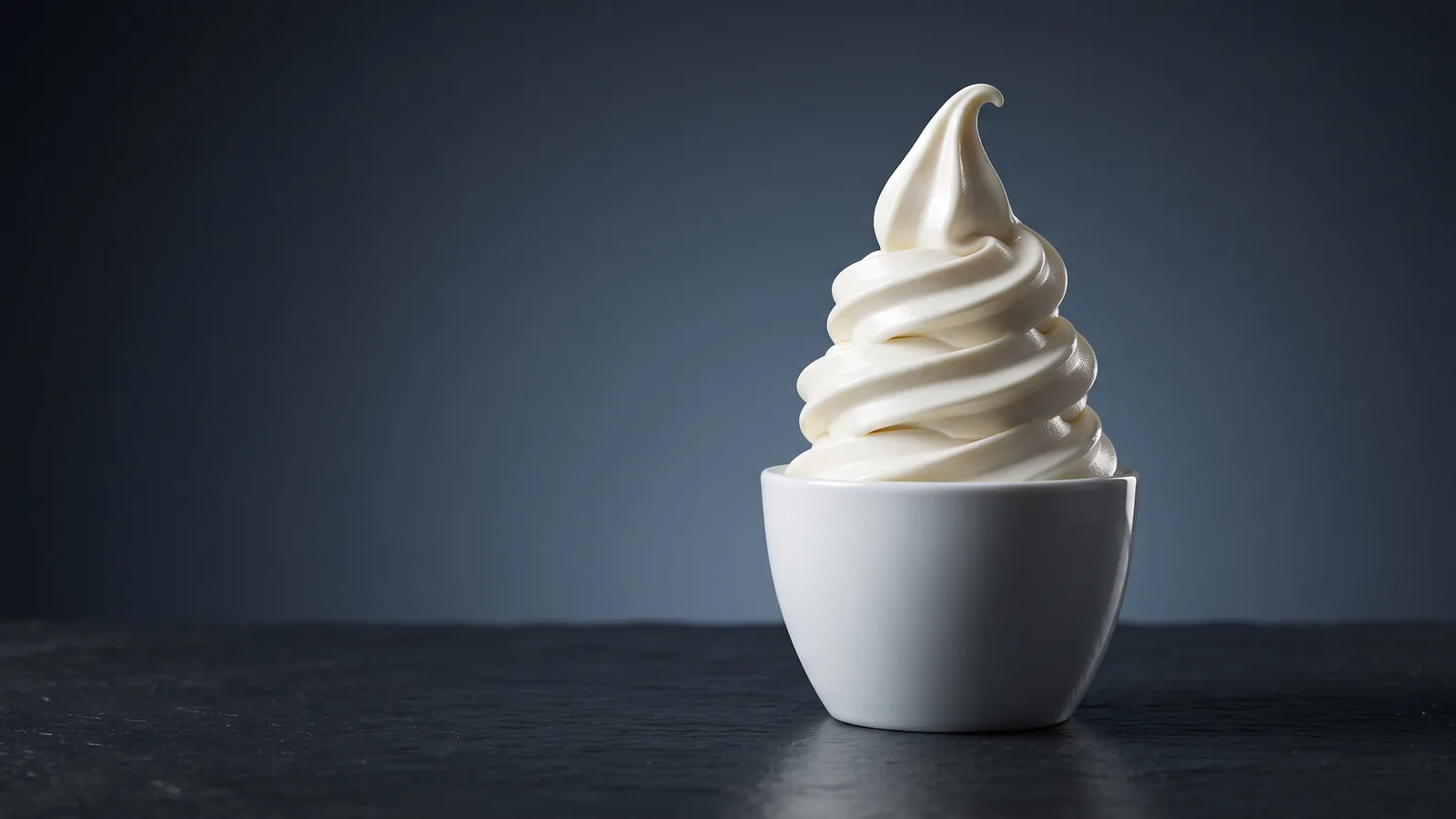 A perfect glossy soft-serve swirl rising from a cup, immaculate spiral.