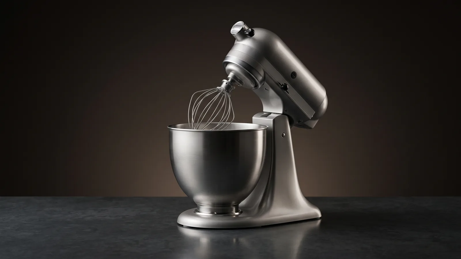 A stand mixer as hero with a bowl and whisk attachment, editorial.