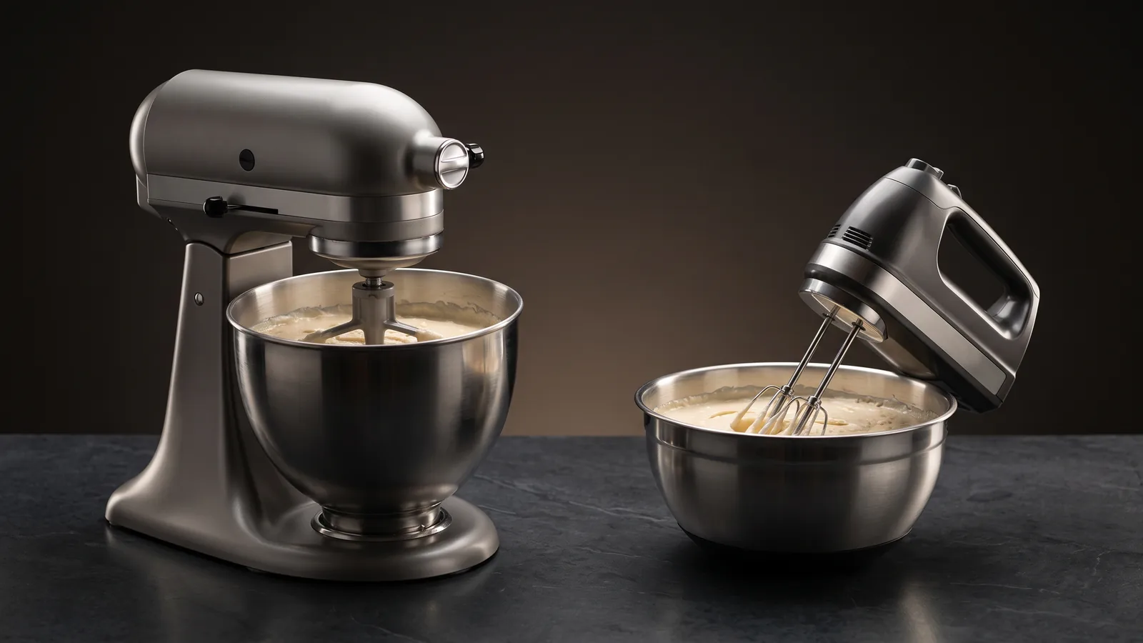 A contrast: on the left a large stand mixer with a bowl of batter; on the right a compact handheld hand mixer with its beaters in a bowl.