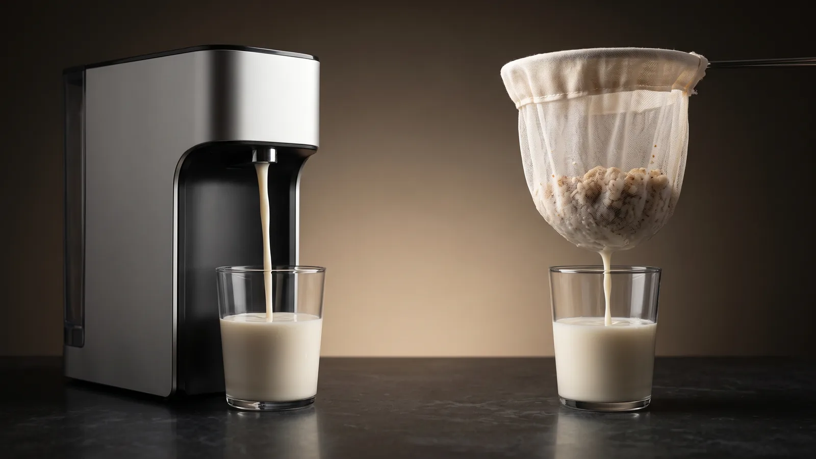 A contrast: on the left a strain-free machine pouring perfectly smooth milk; on the right a nut-milk bag straining milk through with pulp caught inside.