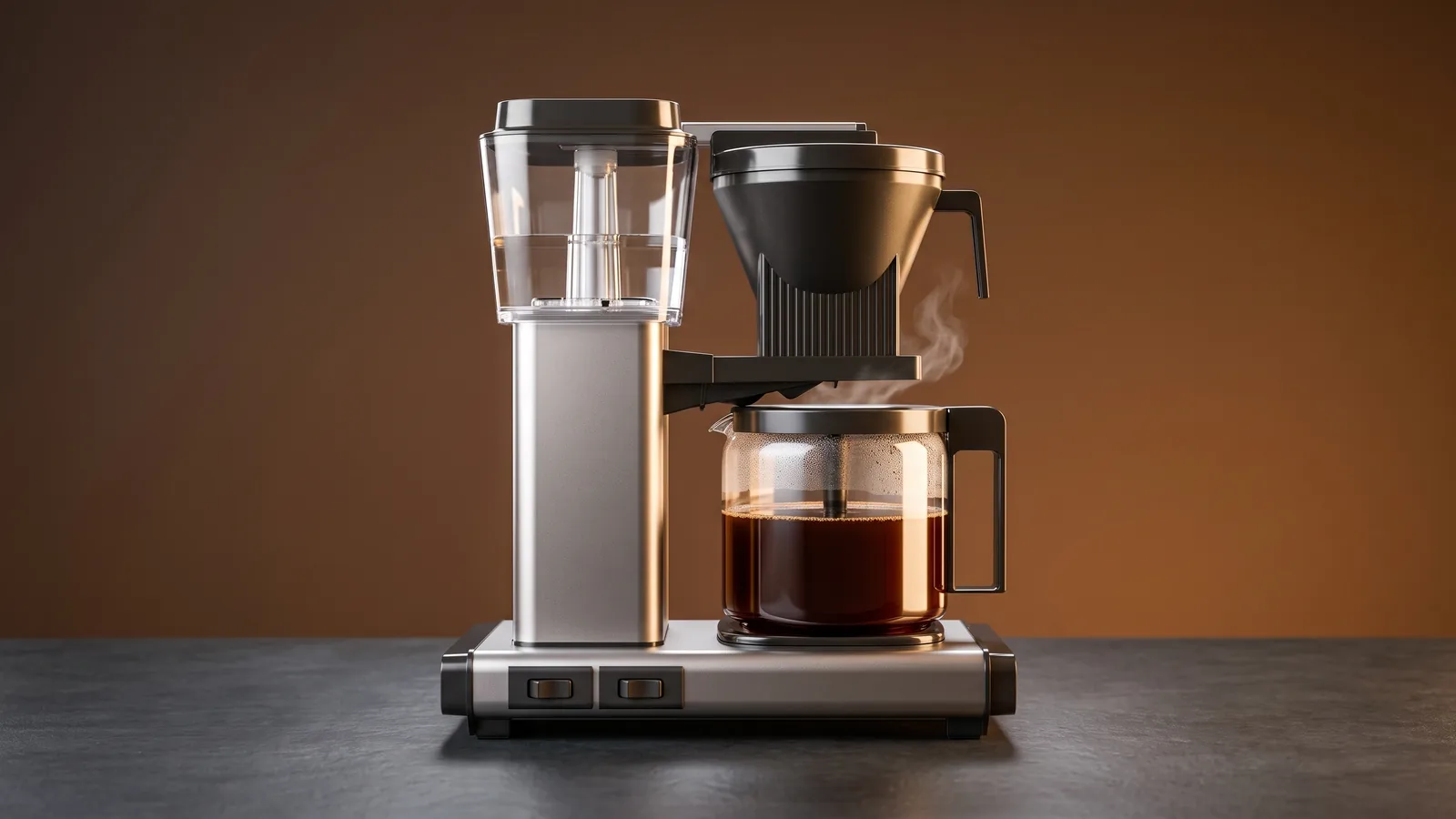 An iconic tall exposed-tube drip brewer silhouette with a glass carafe (generic, no logo), design-forward and distinctive.
