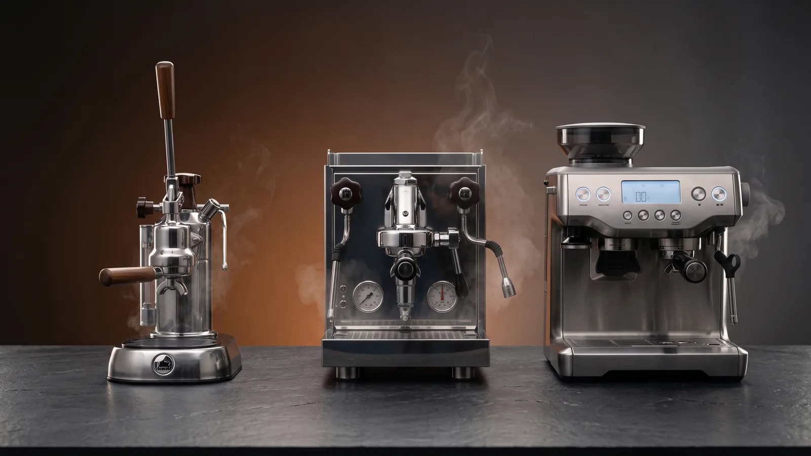 A lineup of three espresso machine types in silhouette.