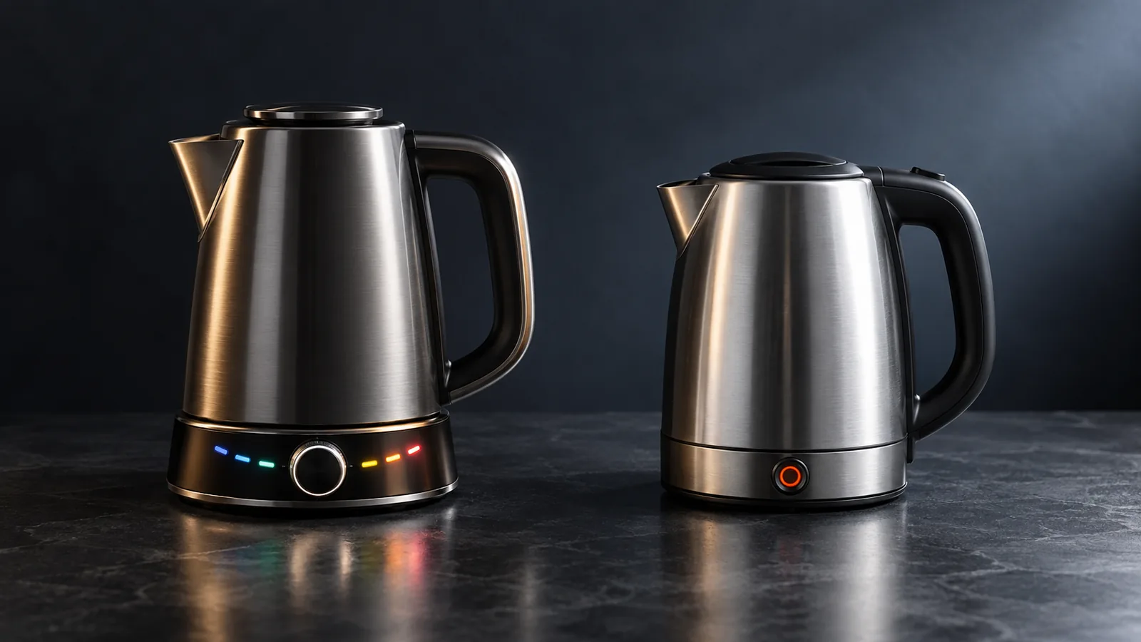 A contrast: on the left an electric kettle with a glowing multi-temperature dial base; on the right a simple single-button boil-only kettle.