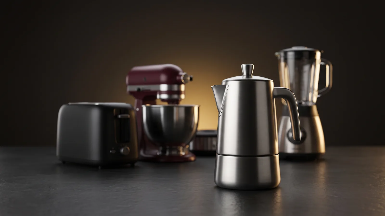 A thoughtful still life of several different small kitchen appliances grouped together on a dark surface, one unit softly spotlit in front and the rest receding into shadow, an edi.