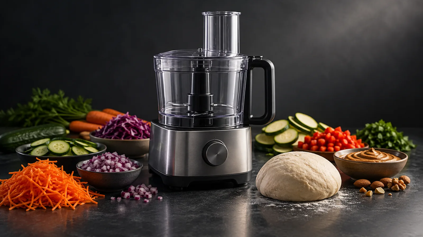 A food processor surrounded by everything it produces.