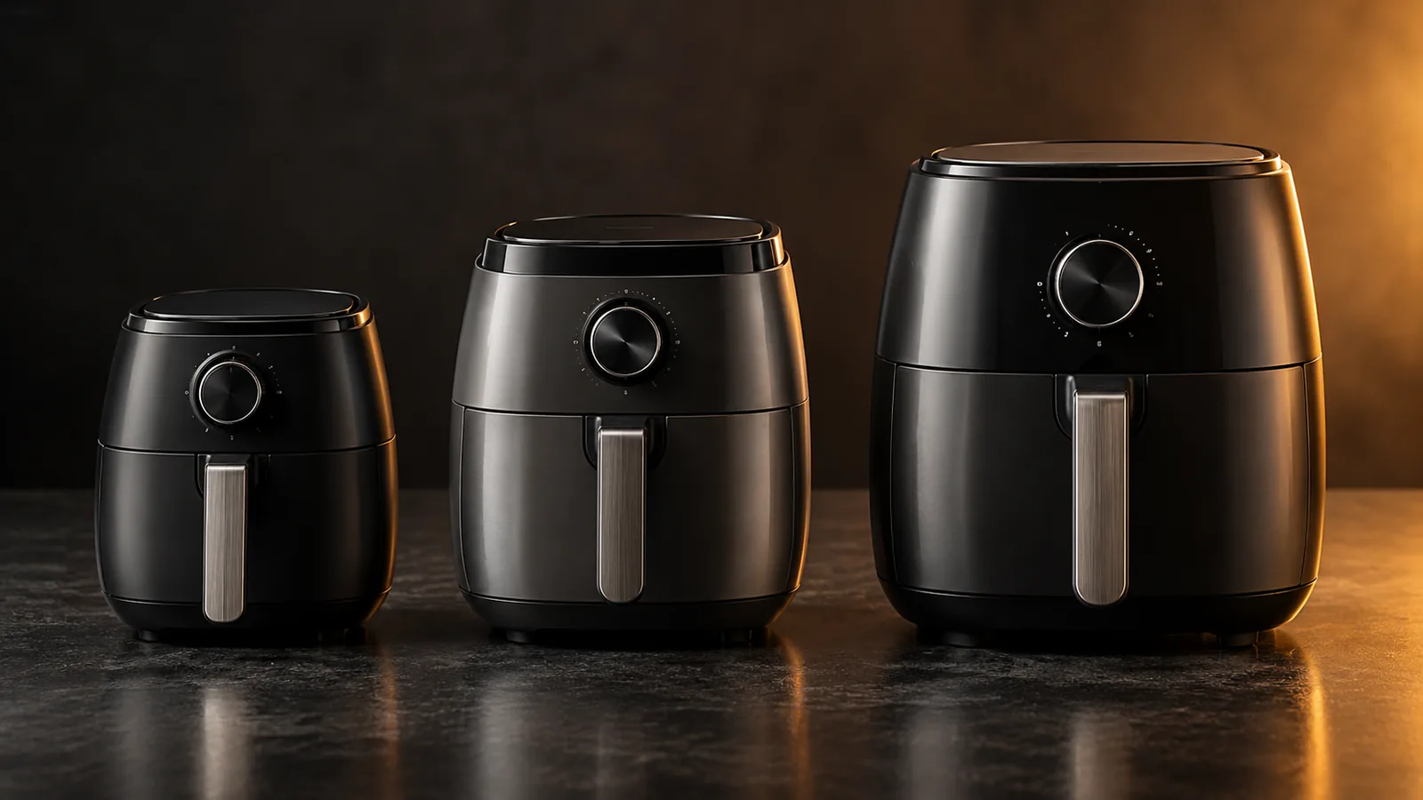 Three air fryers lined up ascending from small to large, left to right, a clear size-by-household comparison.