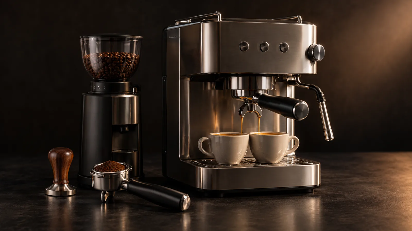 An arranged espresso starter kit as a still life.